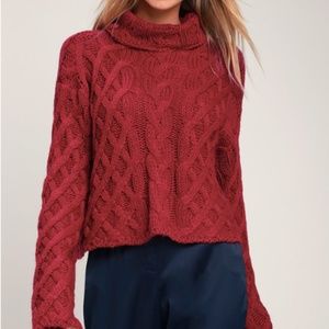 FUCHSIA CABLE KNIT COWL NECK SWEATER